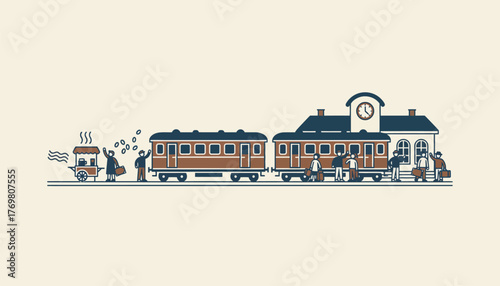 A historic railway station with vintage trains waiting on the tracks passengers bidding farewell amidst the aroma of fresh coffee brewing nearby.