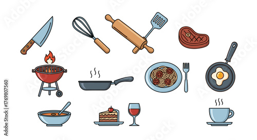 Vibrant Flat Design Cooking Icon Pack: A Collection of Culinary Essentials Including Utensils, Barbecue Grill, Steak, Pasta, Fried Egg, Soup, Cake, Wine, and Coffee, Perfect for Graphic Design, Apps
