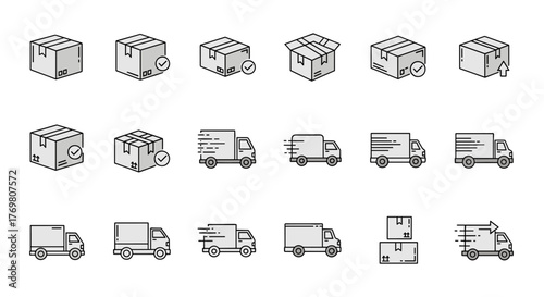 Modern Line Icon Bundle for Delivery Services: A Comprehensive Collection Featuring Boxes and Vans, Perfect for Websites, Apps, and Design Projects. Includes Linear Illustrations of Packages, Trucks