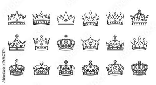 Collection of 18 unique crown icons in a thin line style, perfect for graphic design, web, apps, and advertising. These regal symbols represent royalty, power, and success, suitable for various card
