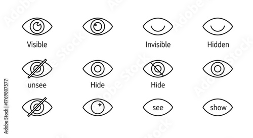Collection of eye icons representing visibility states: visible, invisible, hidden, unsee, hide, see, and show. This set includes icons for open and closed eyes, and eyes with a line through them