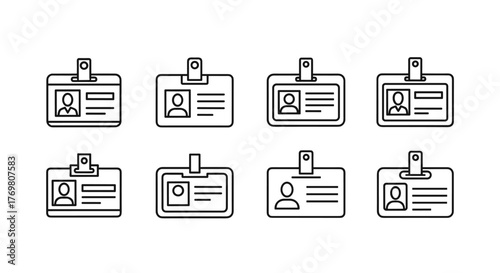 Collection of eight editable stroke outline employee ID badge icons, perfect for infographics, articles, books, flyers, banners, and vector cartoon illustrations, representing identification and