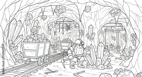 Whimsical cartoon illustration of a dwarf miner in a crystal-filled mine, holding a pickaxe and standing beside a railway track with a mining cart overflowing with gems, perfect for a coloring book