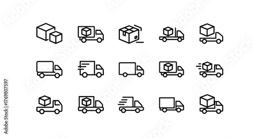 Minimalistic outline icon set featuring various delivery trucks and cube-shaped boxes, perfect for web design, graphic design, apps, banners, social networks, and cards. This vector cartoon