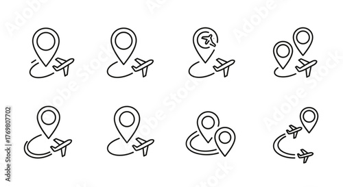 Set of eight simple, stylized line art icons depicting map pins with airplanes flying along curved routes, symbolizing travel, navigation, and destinations. These minimalist vector graphics are