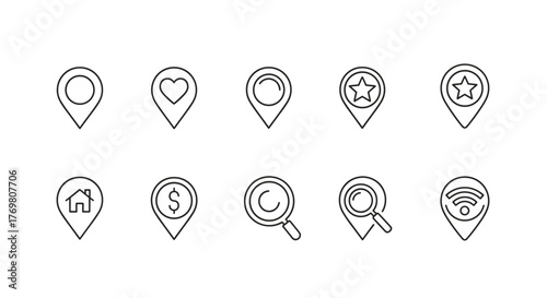 Collection of minimalist linear map pin icons with editable stroke, featuring diverse symbols like a house, dollar sign, heart, star, Wi-Fi signal, and magnifying glass, perfect for digital design