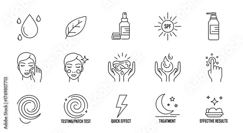Set of 15 minimalist linear pictograms representing skincare concepts: water drops, leaf, cosmetic bottles, SPF sun, face cleansing, glowing skin, hands holding water, hand touching screen, swirl