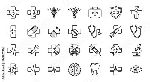 A comprehensive collection of medical cross-related line icons, featuring outline signs perfect for graphic and web design, mobile applications, advertisements, and various card designs. This vector