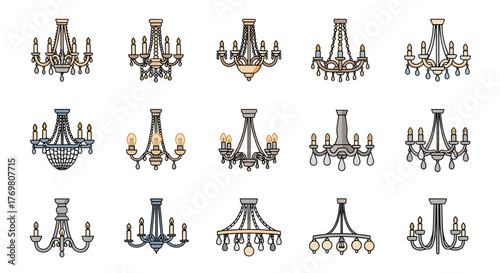 Set of 15 stylized, flat design chandeliers with a cartoon aesthetic, featuring various shapes, candle and bulb light sources, and crystal accents, presented on a black background for graphic design