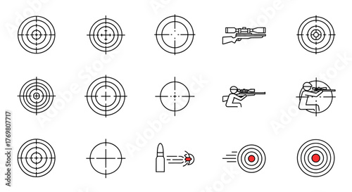 Collection of sniper targets, aiming reticles, a sniper rifle, and a shooter aiming, presented with editable white strokes on a black background, ideal for infographics, articles, books, flyers, and