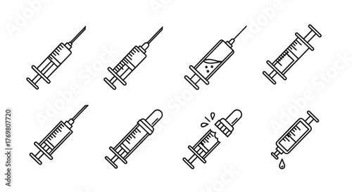 Collection of eight stylized outline syringe icons, presented in a linear, cartoon-like vector illustration style, ideal for graphic design, web development, app interfaces, advertising, and various