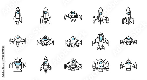 Collection of 15 simple, outline-style spaceship icons with editable strokes, perfect for infographics, articles, books, flyers, and banners, featuring a cartoon illustration style with blue accents