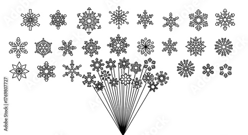 A stunning collection of diverse, intricately detailed snowflakes, presented as a bundle of thin, editable stroke icons. These versatile vector graphics are perfect for web design, book