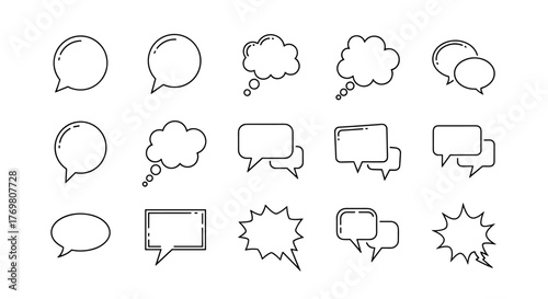 Collection of diverse line art speech bubbles and thought bubbles, isolated on a white background, perfect for graphic design, web sites, cards, books, and articles, offering a versatile vector