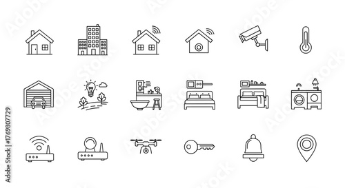 Collection of simple, clean line art icons representing smart home technology and modern living, including houses, security cameras, routers, drones, and everyday objects for digital design projects