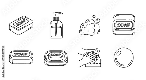 Set of line art icons representing soap and hygiene, including bar soap, liquid soap dispenser, bubbles, and handwashing, perfect for graphic design, web, apps, and advertising, presented on a clean