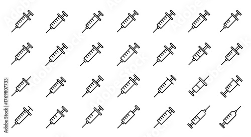A seamless pattern of minimalist white syringe outline icons on a black background, perfect for medical, healthcare, and science-related designs, offering a clean and modern aesthetic for web, apps