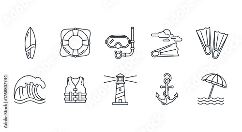 A collection of minimalist line icons representing various water sports and beach activities, including a surfboard, lifebuoy, diving mask, fins, wave, life vest, lighthouse, anchor, and beach