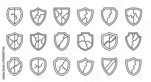 Thin icon of a cracked shield, symbolizing vulnerability, broken defense, or a security breach, presented as a vector cartoon illustration on a clean white background, ideal for graphics, apps, and