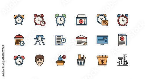 Set of 15 thin line icons representing time management, business, and lifestyle concepts, including alarm clocks, calendars, to-do lists, shopping baskets, and financial elements, presented in a