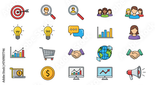 Collection of vibrant, flat-design vector icons representing key business concepts including target marketing, customer search, teamwork, ideas, communication, financial growth, e-commerce, global