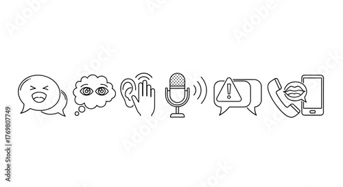 Collection of thin line vector icons representing communication and interaction, including speech bubbles with emotions, thought bubbles, listening ears, microphones, chat messages, and phone calls