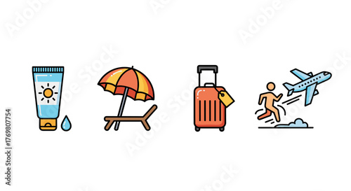Vibrant and modern vector illustration set featuring essential travel icons: sunscreen for sun protection, a beach umbrella and lounge chair for relaxation, a rolling suitcase with a tag for luggage