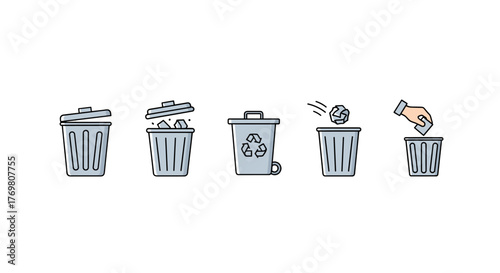 Set of five minimalistic linear vector cartoon illustrations depicting trash cans and the process of waste disposal, including a recycling bin, on a black background, suitable for web and graphic