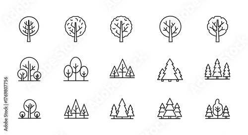 Modern Line Icon Pack Featuring a Diverse Collection of Trees and Forests, Ideal for Web Design, Apps, and Graphic Projects. Includes Linear Vector Illustrations of Deciduous and Coniferous Species