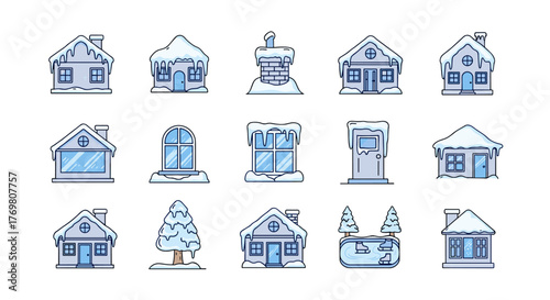 Collection of stylized winter icons featuring houses, trees, windows, and an ice skating rink, all covered in snow and icicles, presented in a clean, cartoonish vector illustration style on a black
