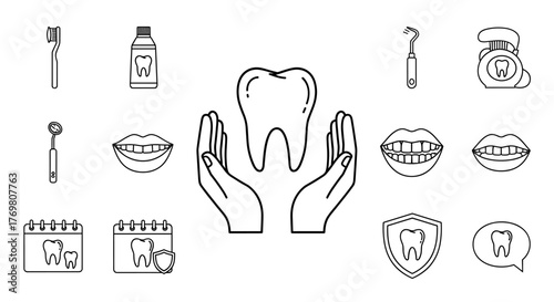 Conceptual outline illustration of hands gently holding a tooth, symbolizing dental care, oral hygiene, and a healthy smile. This versatile vector graphic is perfect for graphic design, web design