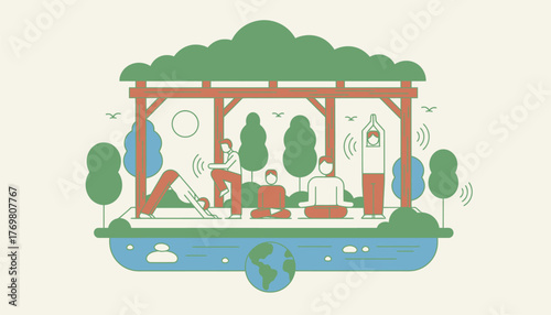 A nature retreat where participants practice mindfulness and yoga amidst the tranquil sounds of nature promoting mental wellbeing and ecological awareness.