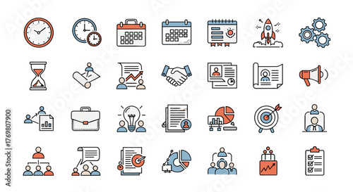 Set of vivid, flat design line-style web icons representing project management, business organization, and mobile app functionalities, including time management, planning, strategy, teamwork, and