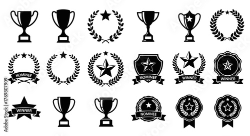 Set of black award winner icons including trophies, laurel wreaths, stars, and nomination badges in flat vector style for certificates and recognition. Collection of graphic elements representing