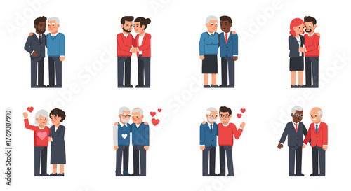 Set of diverse hugging couples, including homosexual and heterosexual lovers, young and elderly people, embracing and showing affection in romantic relationships, symbolizing love, unity, and