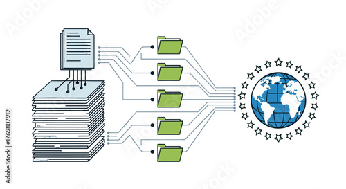 Conceptual illustration of a stack of documents and files branching out into separate folders, ultimately connecting to a stylized globe surrounded by stars, symbolizing global reach, quality, and