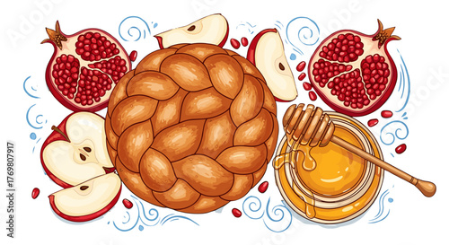 Vibrant Rosh Hashanah greeting card design template featuring hand-drawn vector illustrations of traditional Jewish New Year symbols including challah bread, sliced apples, pomegranates, and a jar of