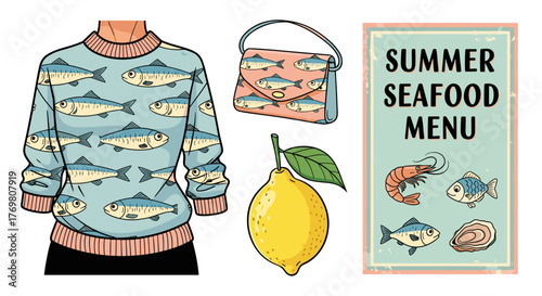 Charming retro cartoon vector illustration set featuring a pastel blue sweater adorned with a repeating sardine pattern, a matching handbag, a vibrant yellow lemon with a green leaf, and a vintage