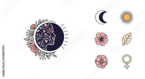 Mystical Lunar Eclipse Profile with Floral Embellishments and Celestial Icons: A Vector Illustration Set Featuring a Woman's Silhouette, Sun, Moon, Flowers, Leaf, and Female Symbol for Holistic and