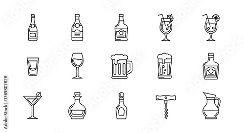 Collection of Simple Alcohol-Related Vector Line Icons: Champagne, Whisky, Cocktail, Shots, Beer Mugs, Wine Glasses, and More. Editable Stroke, Pixel Perfect Icons for Various Design Applications