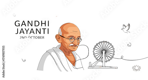 Creative vector background design celebrating Gandhi Jayanti on 2nd October, featuring a stylized illustration of Mahatma Gandhi with his iconic spinning wheel, a dove symbolizing peace, and a lotus
