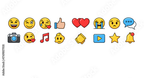 Collection of vibrant social media emoji icons and symbols, including happy faces, hearts, camera, music note, thumbs up, star, bell, and chat bubbles, presented as a clean vector cartoon