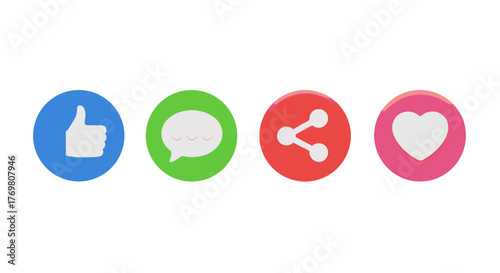 Vivid 3D-style social media icons featuring a thumbs-up, speech bubble, share symbol, and heart, presented in a clean, ordered set on a white background, perfect for digital marketing and engagement