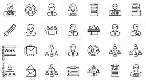A versatile collection of 24 white line art icons on a black background, representing various aspects of work, career, and employment, including job search, meetings, organizational charts, teamwork