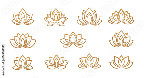Set of elegant gold lotus flower logos and icons on a black background, perfect for beauty, spa, wellness, and yoga brands, symbolizing purity, enlightenment, and serenity. This collection features
