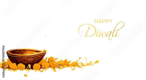 Illuminating Diwali: A vibrant, golden diya lamp glows amidst a cascade of marigold flowers and celebratory splashes, set against a deep black background, symbolizing the festival of lights, joy, and