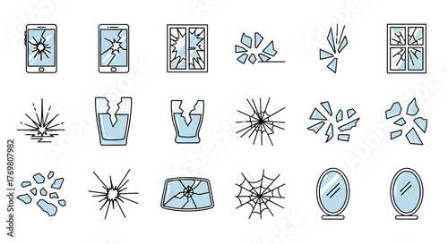 Collection of broken glass line icons, including cracked smartphone screens, shattered windows, fractured drinking glasses, and fragmented mirrors, presented as cartoon illustrations with a white