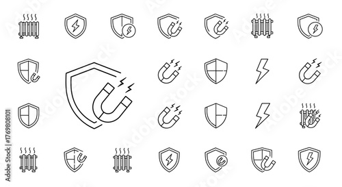 Set of minimalistic thin line icons representing security, protection, and energy, featuring shields with lightning bolts, U-shaped magnets attracting bolts, and abstract representations of energy or