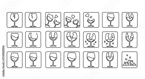 Minimalistic linear icon of a broken wine glass, symbolizing shattered dreams, loss, or a negative event. This clean, vector graphic is perfect for web design, app interfaces, banners, social network