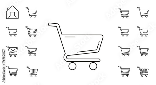 Collection of minimalistic linear shopping trolley pictograms and icons, including a house icon, presented on a black background, ideal for web, graphic design, apps, banners, social networks, cards
